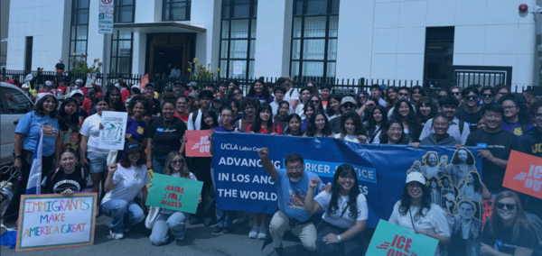 Group of workers with protest banner
